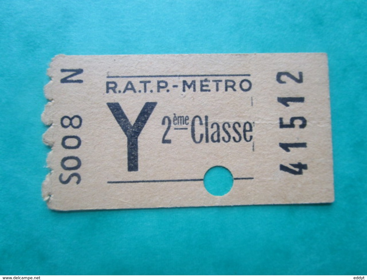 TICKET  Métro  RATP  PARIS " Y "   Oblitéré - 2° Classe  - 1960 - TBE - Monde