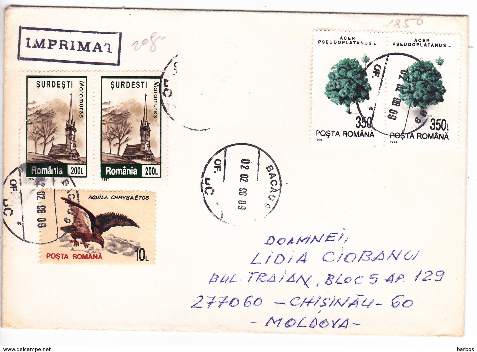 1998 , Roumanie To Moldova , Birds , Churches , Postal History , Used Cover - Briefe U. Dokumente