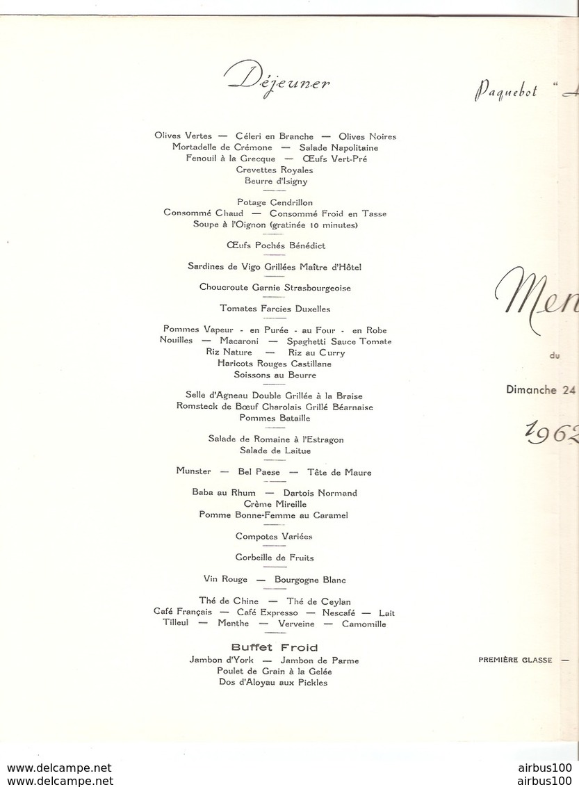 MENU 1962 PAQUEBOT ANTILLES Cie Gle TRANSATLANTIQUE FRENCH LINE - MAISON ROYALE DE St CIR CYR - CHALCOGRAPHIE DU LOUVRE - Menus