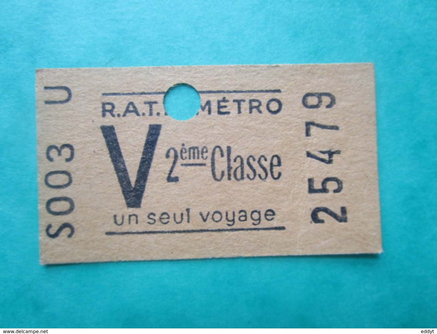 TICKET  Métro  RATP  PARIS " V "  - 2° Classe - UN SEUL VOYAGE   - 1958 - TBE - World