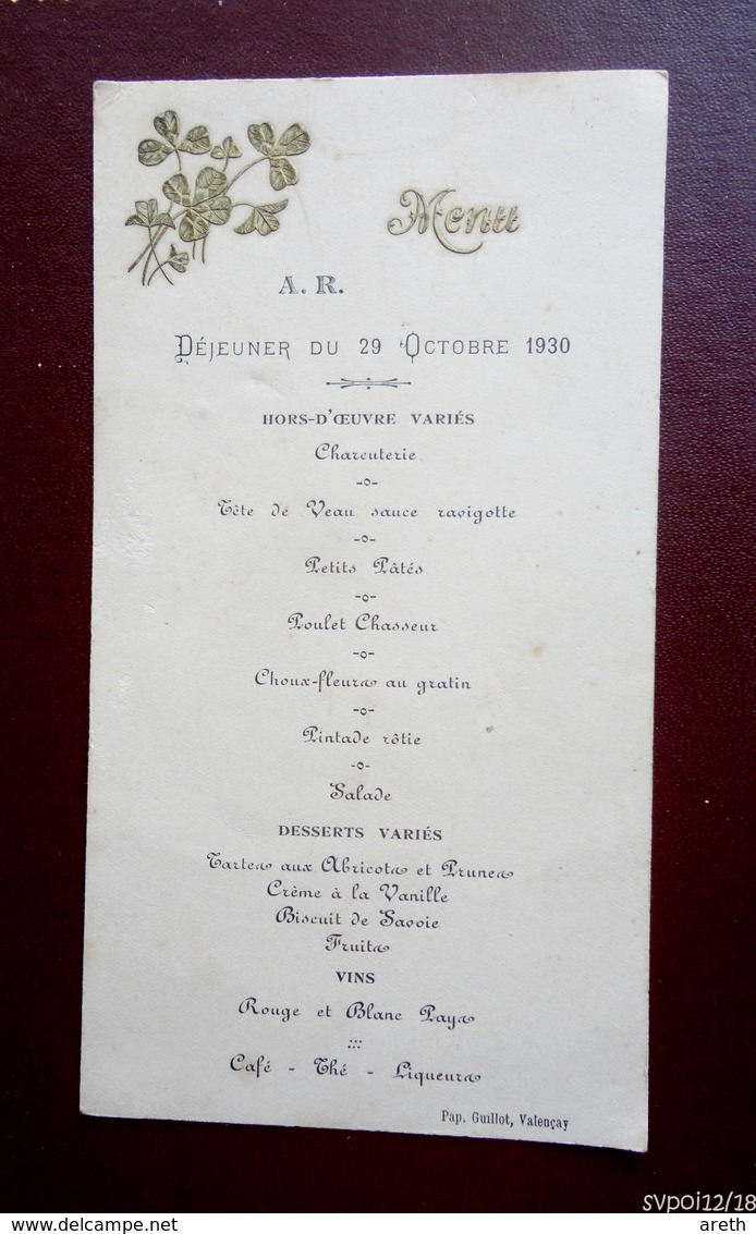 MenU - Déjeuner Du 29 Octobre 1930 - Menus