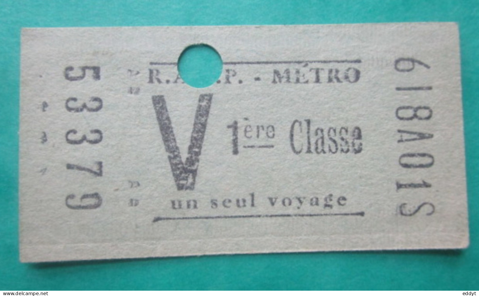 TICKET  Métro  RATP  PARIS " V "  - 1° Classe - Couleur Verdate   - 1958 - TBE - Europe