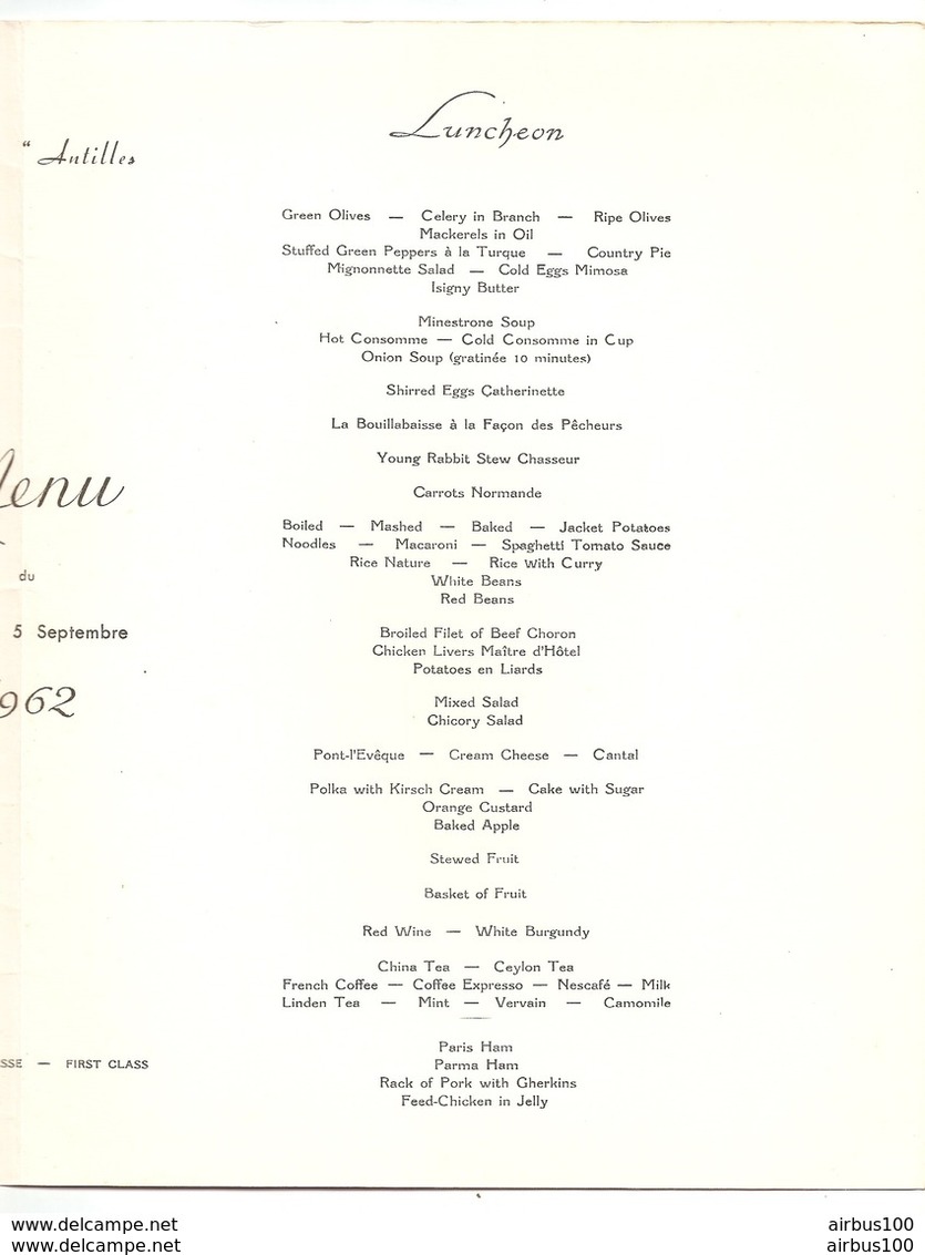 MENU 1962 PAQUEBOT ANTILLES Cie Gle TRANSATLANTIQUE FRENCH LINE - CHATEAU DE RAMBOUILLET - CHALCOGRAPHIE DU LOUVRE - Menus