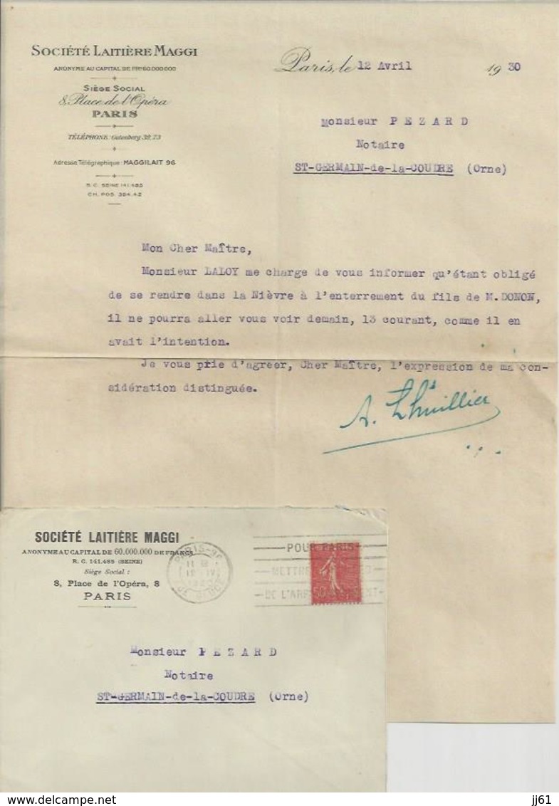 PARIS SOCIETE LAITIERE MAGGI LETTRE ET ENVELOPPE ENTETE ANNEE 1930 A MR PEZARD NOTAIRE SAINT GERMAIN DE LA COUDRE ORNE - Otros & Sin Clasificación