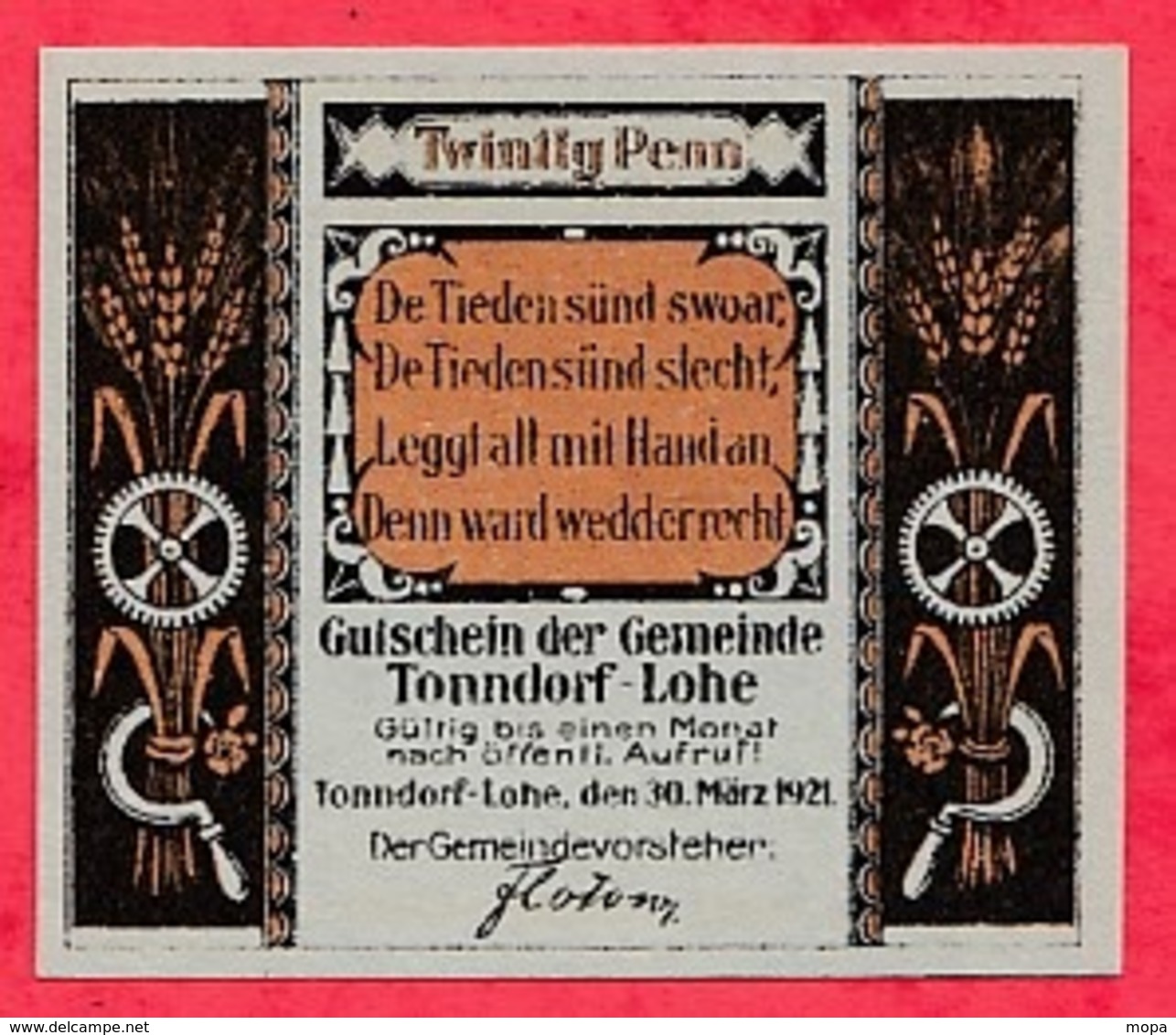 Allemagne 1 Notgeld 20 Pfenning  Stadt Tonndorf(RARE)  Dans L 'état N °2987 - Collections