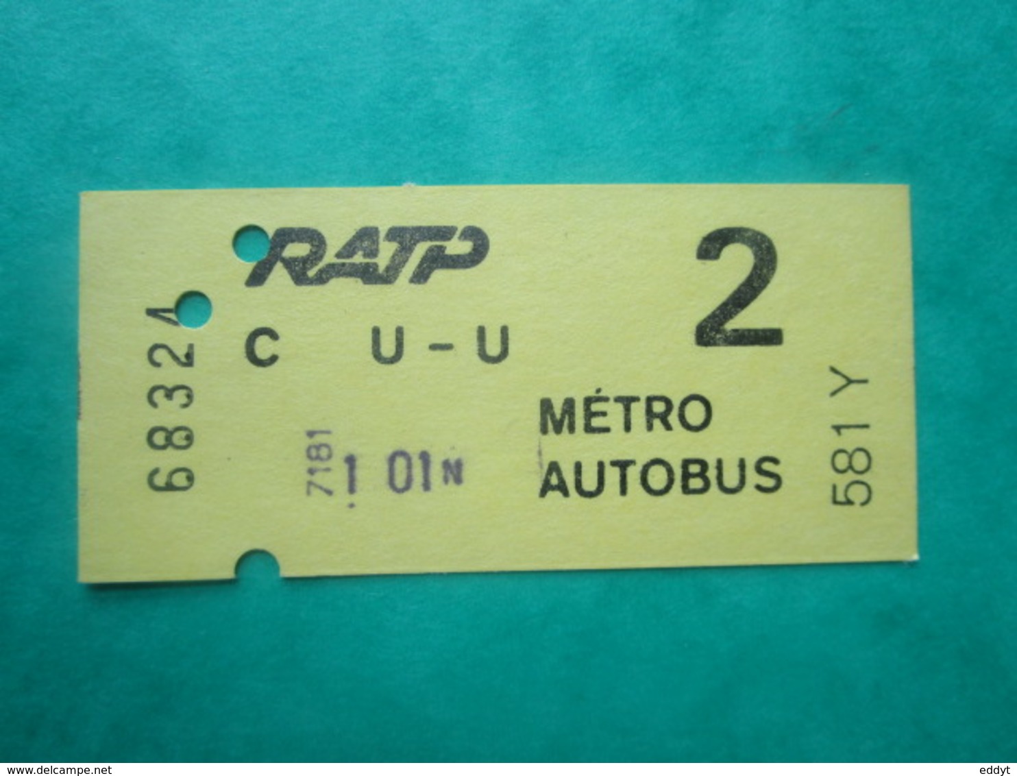 TICKET Métro Autobus RATP PARIS - U U - 2° Classe - Couleur Jaune - 2000 - TBE - Monde