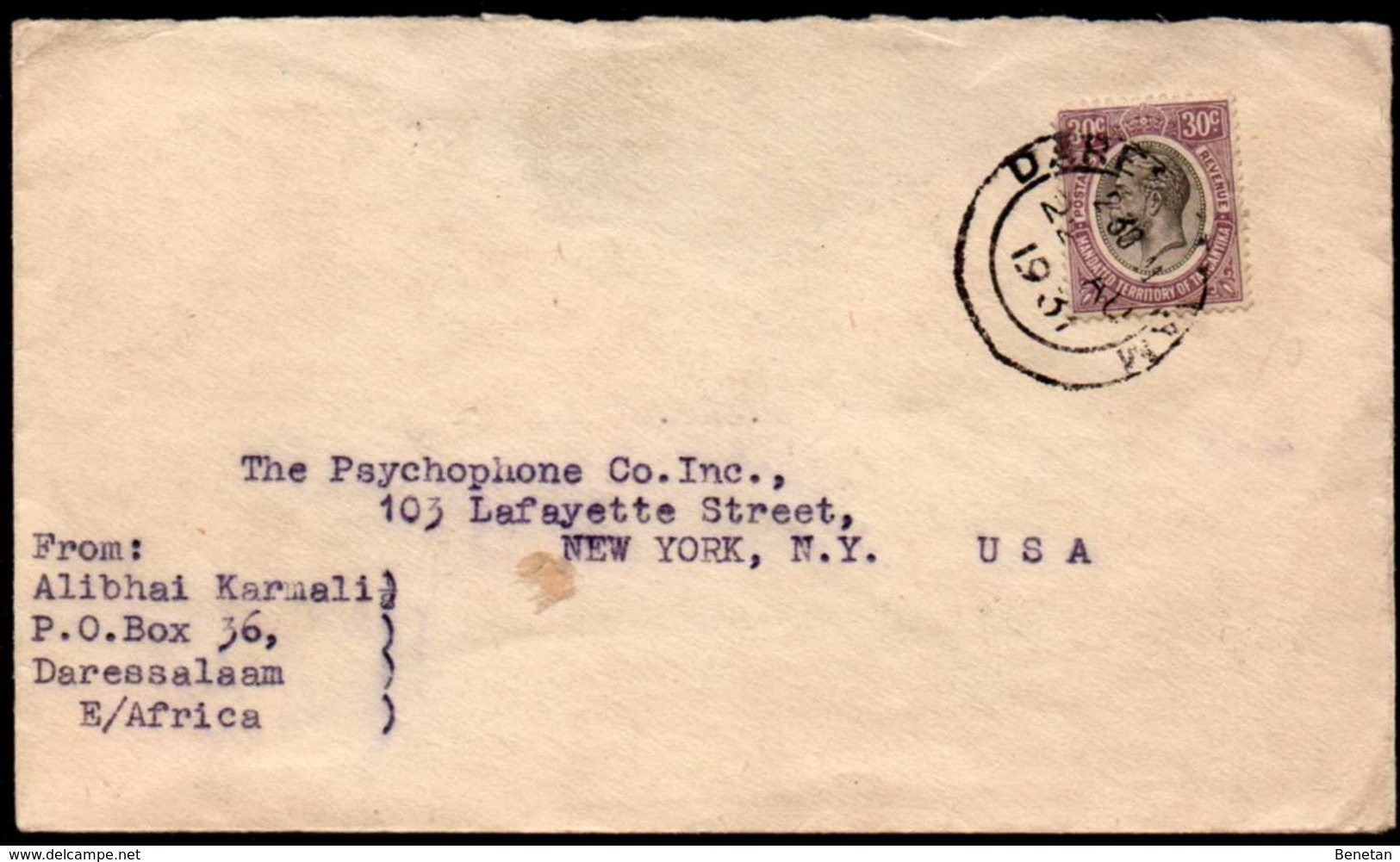 British Tanganyka To USA Cover 1931 - Tanganyika (...-1932)