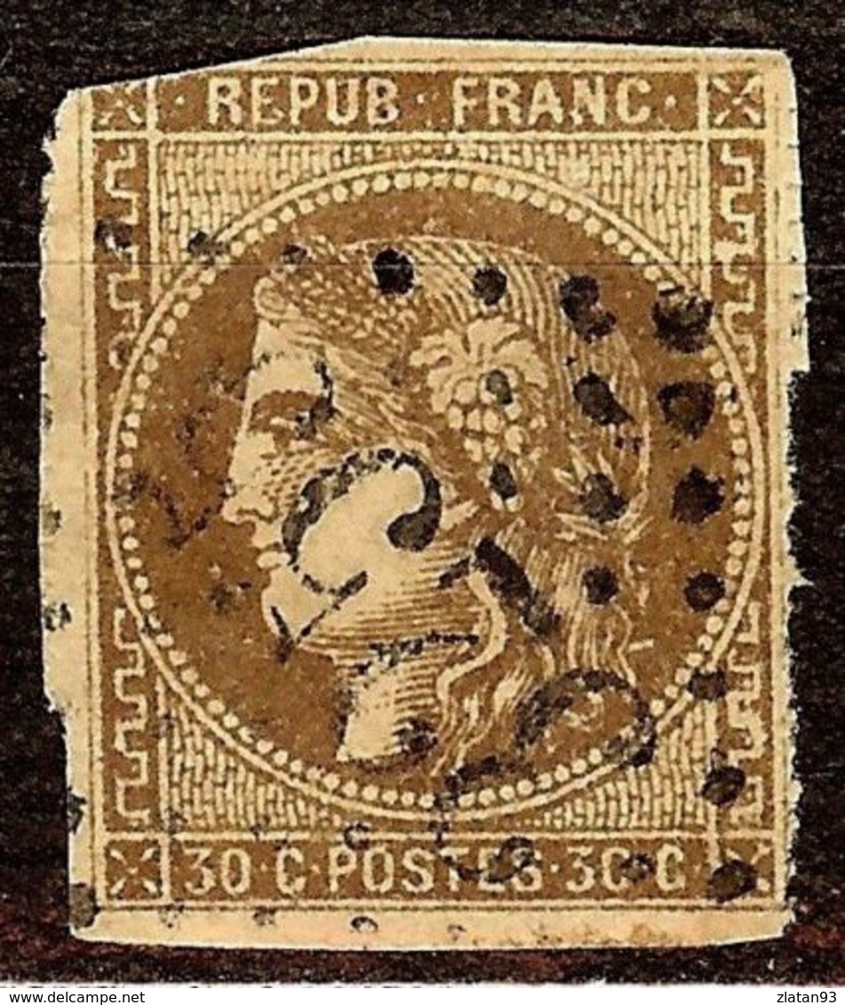 RARE BORDEAUX N°47d 30c Brun Foncé Losange GC + PERCE EN LIGNE Cote 1850 Euro - 1870 Bordeaux Printing