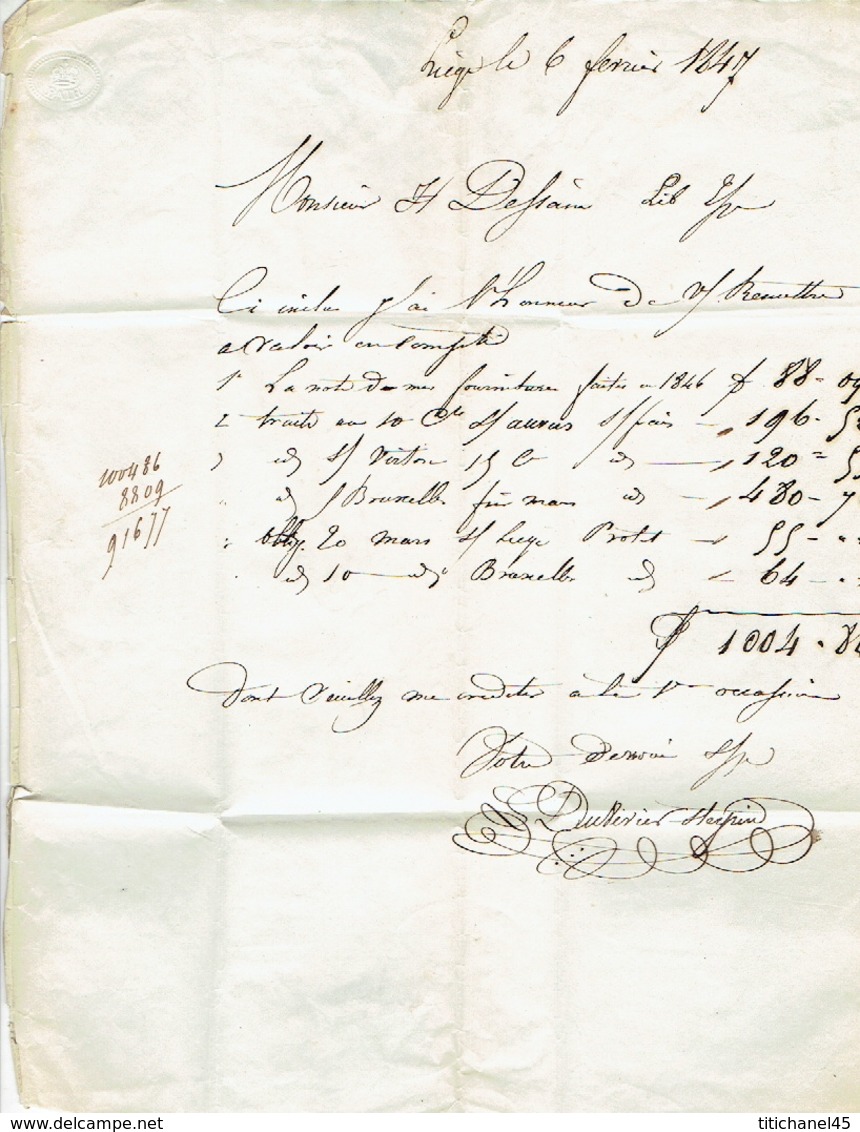 Facture 6/2/1847 : Relevé De Compte Fournitures Faites En 1846 Par L. DUVIVIER-STERPIN Messager Pr H. DESSAIN Imprimeur - 1800 – 1899