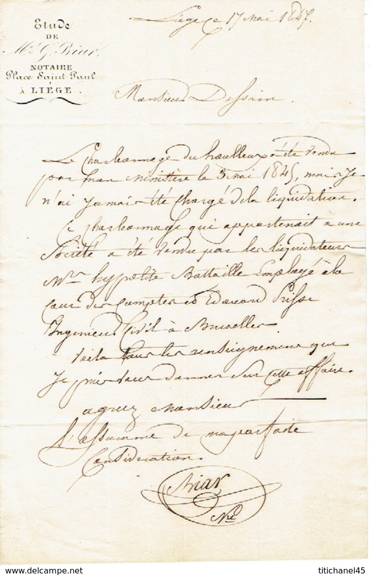 Lettre Du 17 Mai 1847 De L'étude De Maître G. BIAR Notaire Place Saint-Paul à Liège Adressée à Monsieur H. DESSAIN Liège - 1800 – 1899