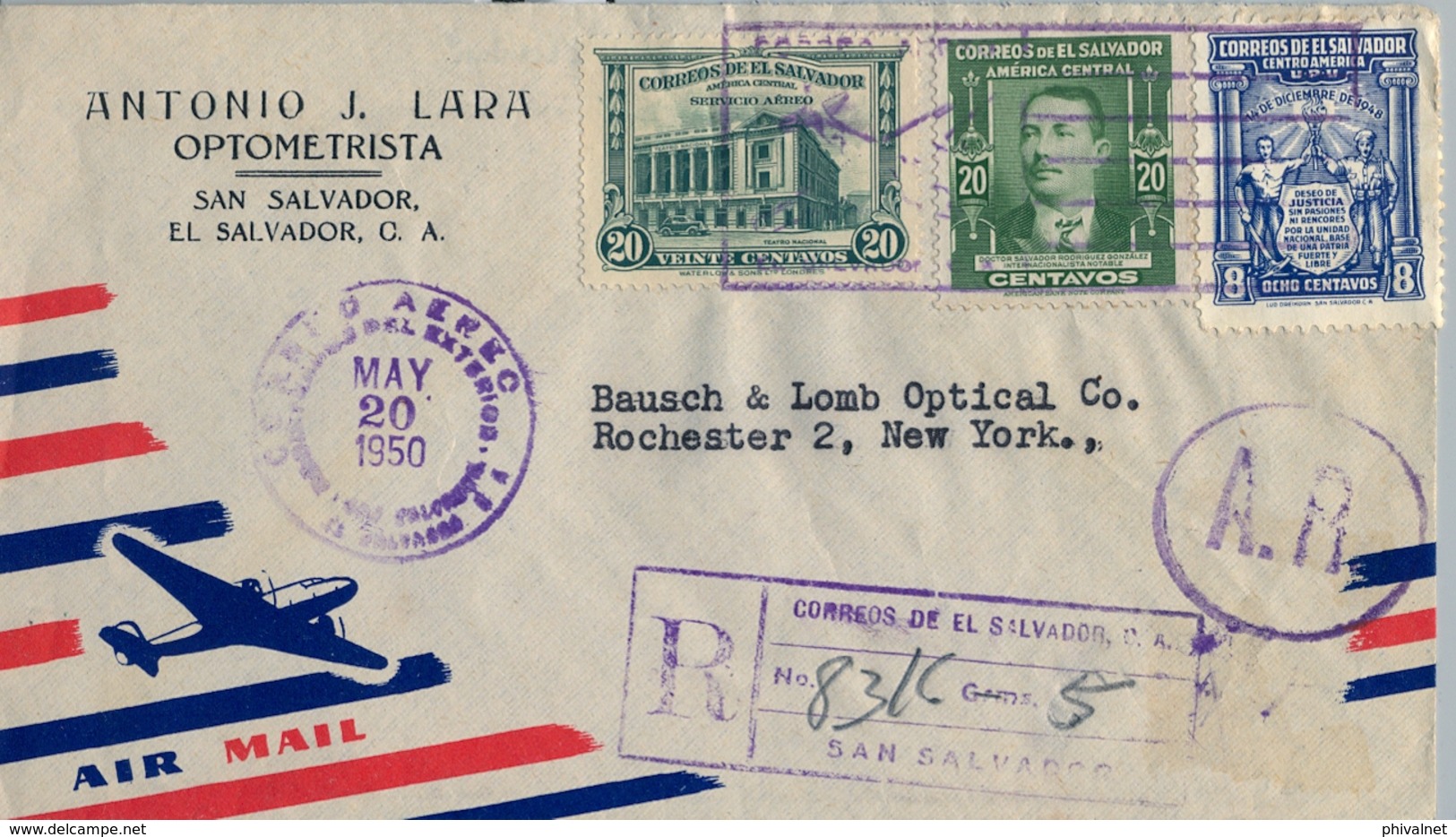 1950 , EL SALVADOR , SOBRE CERTIFICADO , SAN SALVADOR - ROCHESTER , CORREO AÉREO , TRÁNSITO , LLEGADA - El Salvador