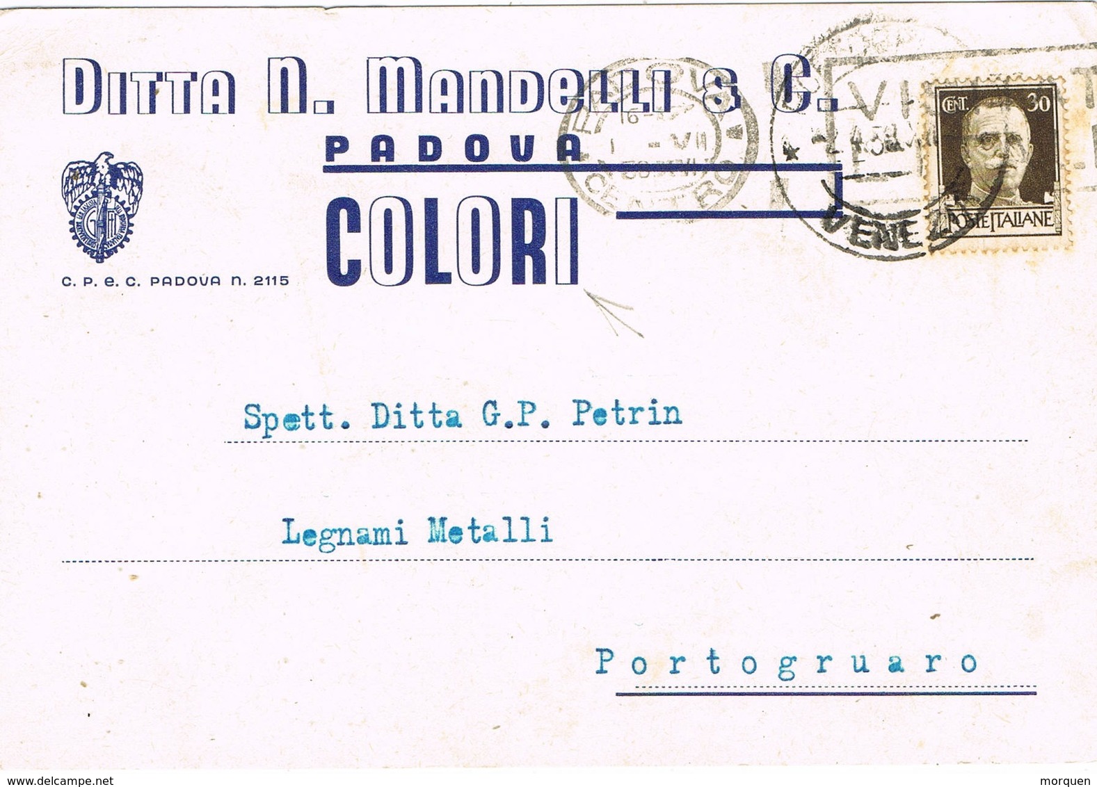 31163. Tarjeta Provada PADOVA (Italia) 1938. COLORI Dita N. Mandelli - Marcofilía