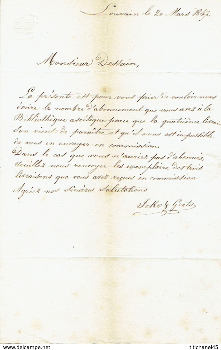 Précursor Brief Van 20/3/1847 Verzonden Door Koerier Van LEUVEN Naar LIEGE - Getekend ICKX & GEETS - 1830-1849 (Belgique Indépendante)