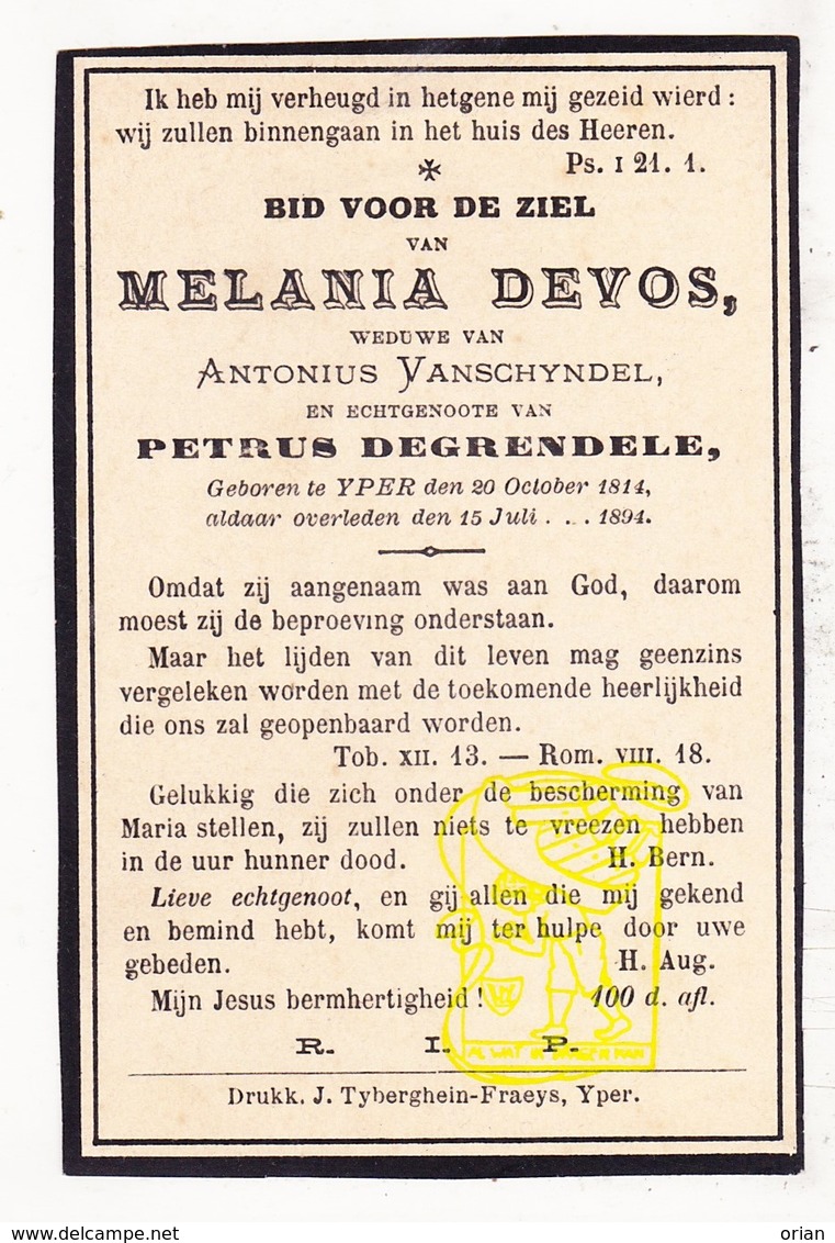 DP Melania Devos ° Ieper 1814 † 1894 X A. VanSchyndel Xx P. DeGrendele - Images Religieuses