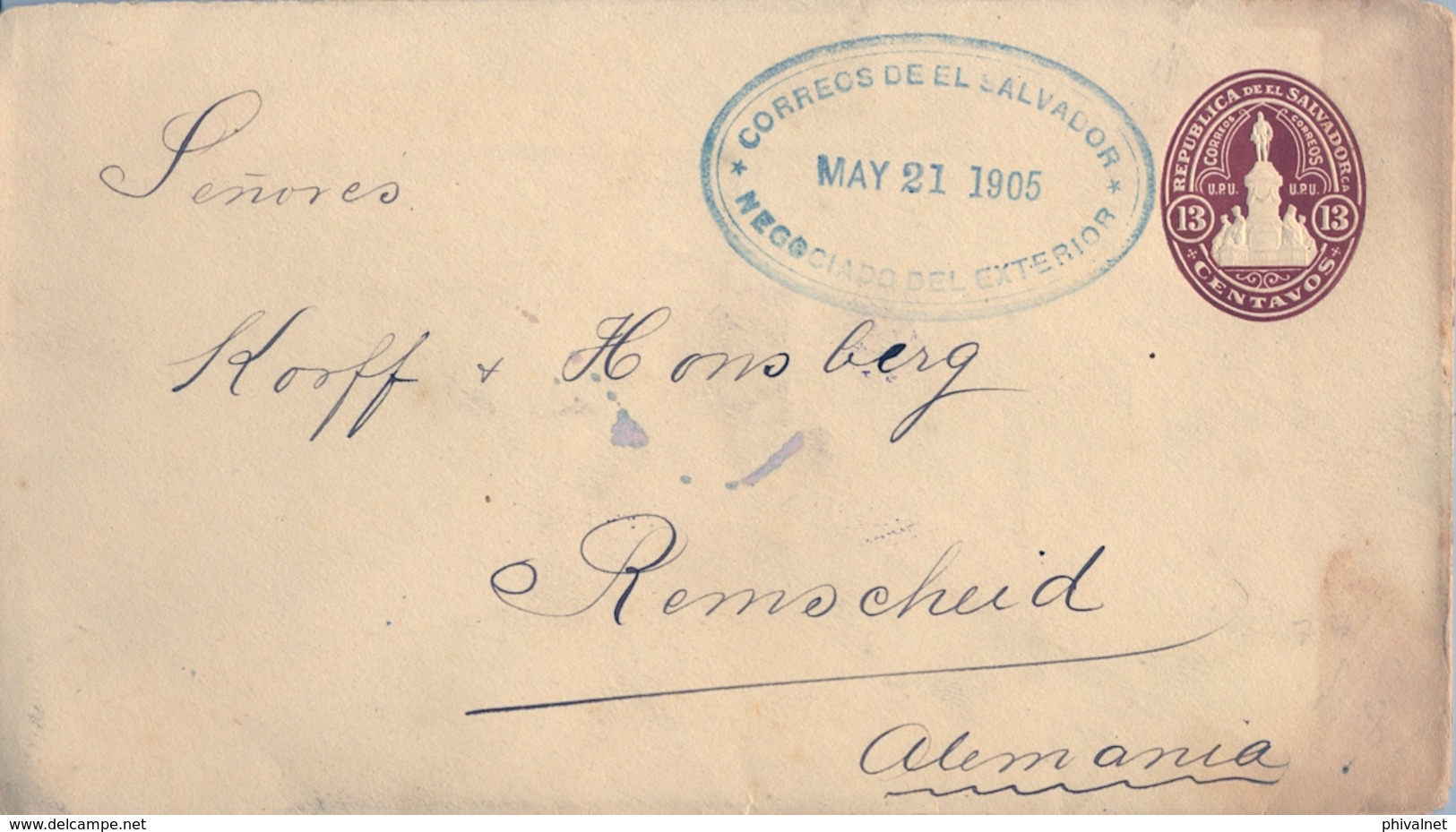 1905 , EL SALVADOR , SOBRE ENTERO POSTAL CIRCULADO , BANCO OCCIDENTAL SAN SALVADOR - REMSCHEID , LLEGADA - El Salvador