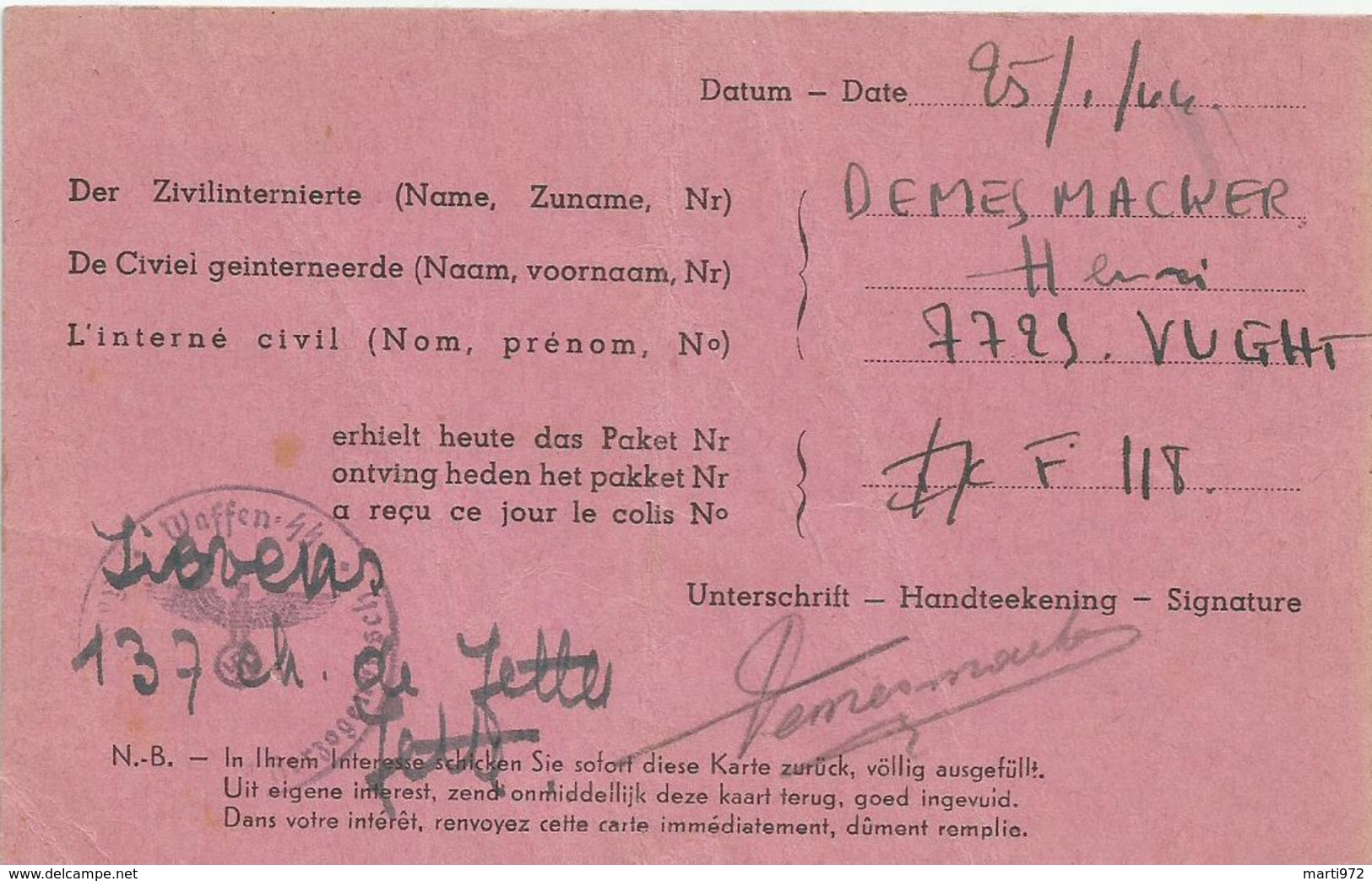 Carte Croix Rouge Réception Colis KZ KL Herzogenbusch Vught  01/1944 Camp Concentration - 1939-45