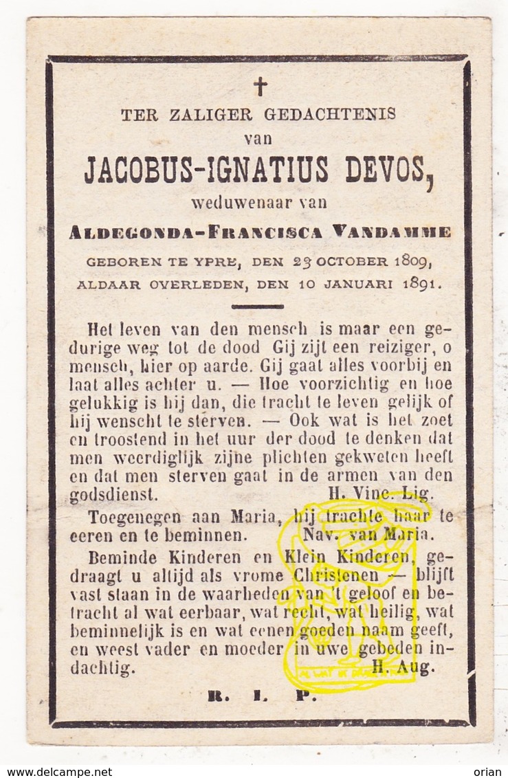 DP Jacobus Ign. Devos ° Ieper 1809 † 1891 X Aldegonda F. VanDamme - Images Religieuses