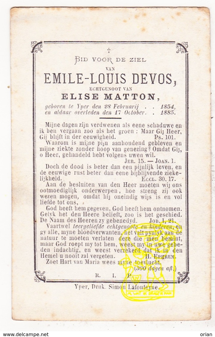 DP Emile Louis Devos ° Ieper 1854 † 1885 X Elise Matton - Images Religieuses