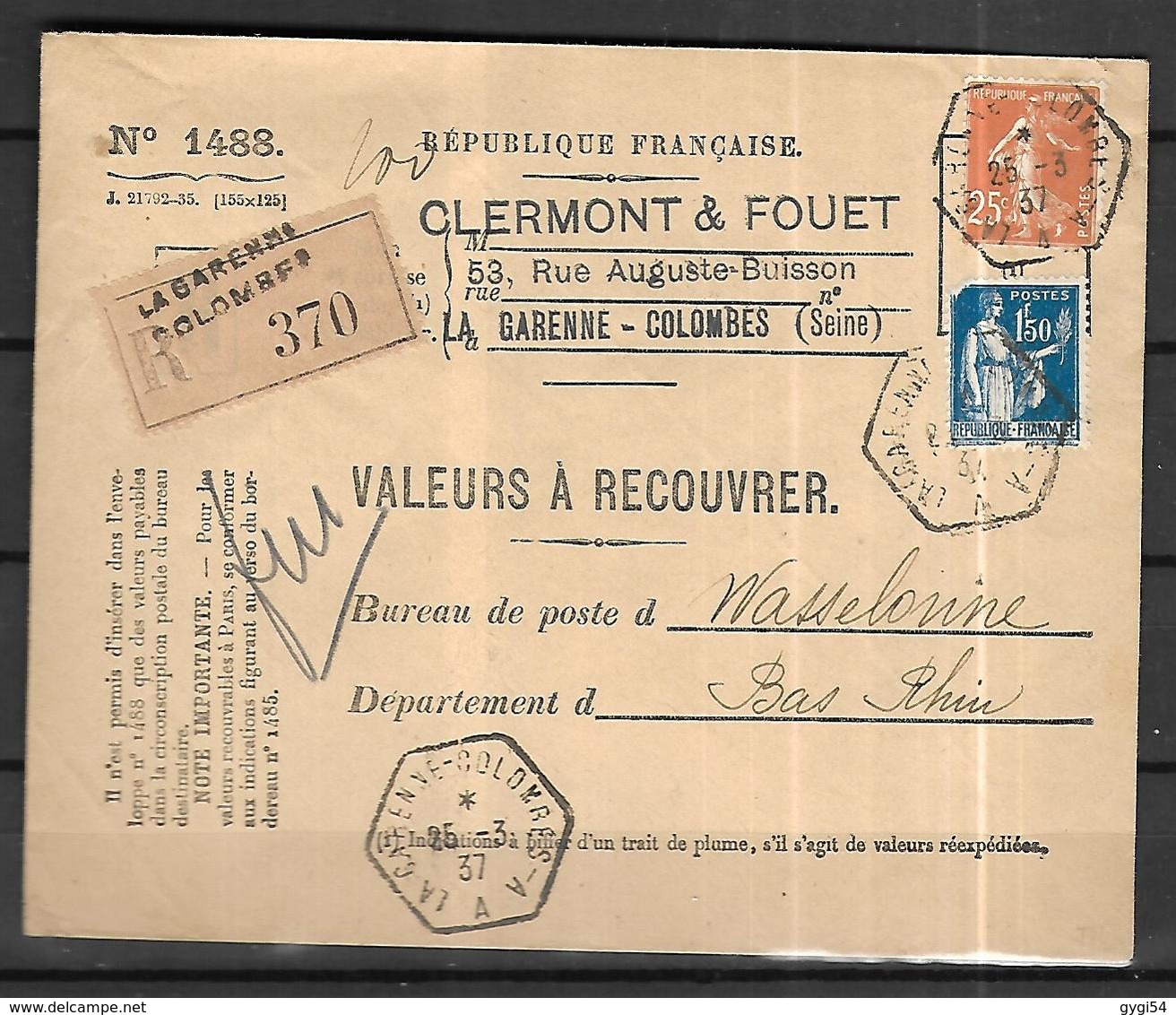 France Lettre Valeurs A Recouvrer 25 03 1937    La Garennes Colombes  Vers Wasselonne - Covers & Documents