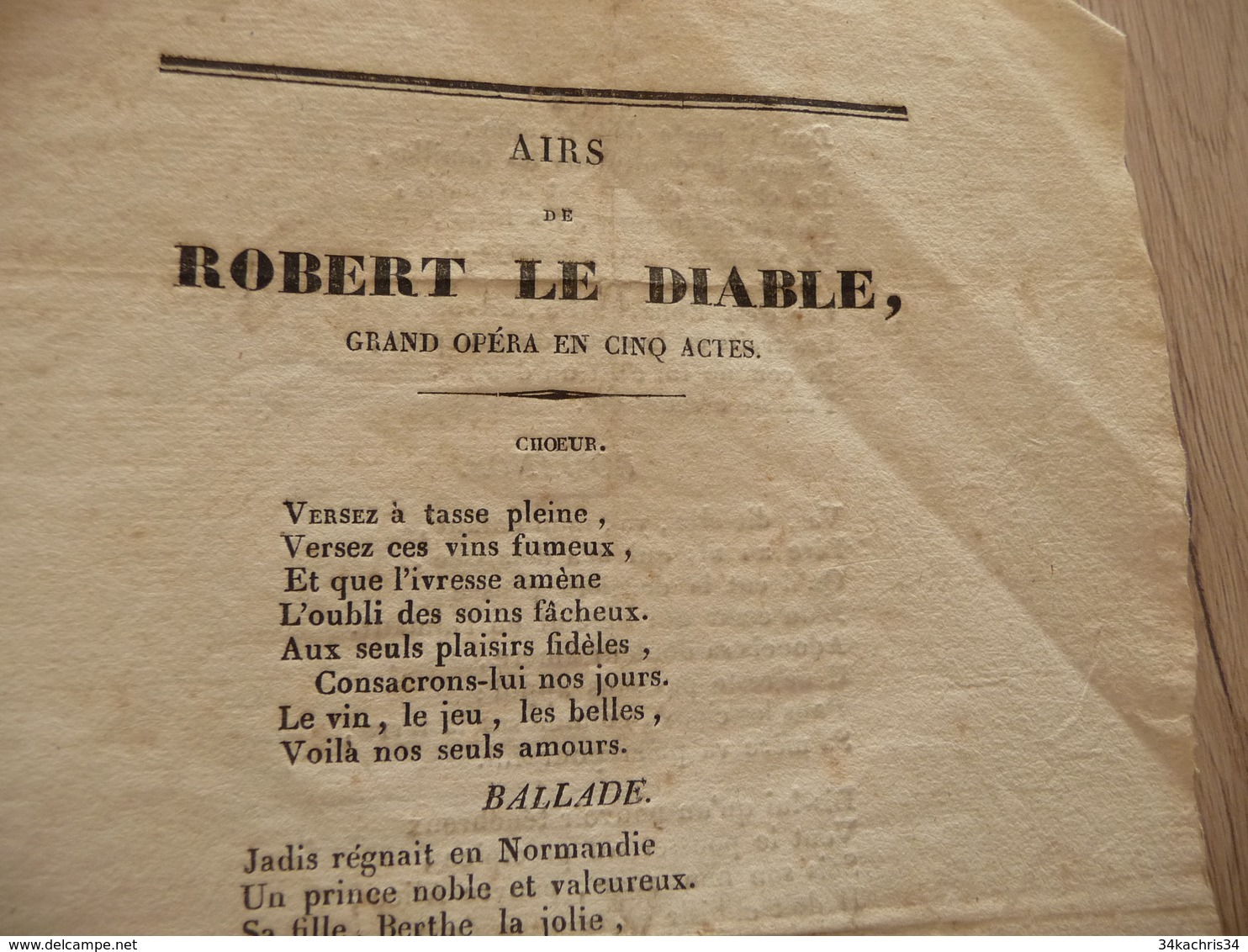 XIXème  Papier Chiffon  Paroles Airs Robert Le Diable  Opéra XIXème - Autres & Non Classés