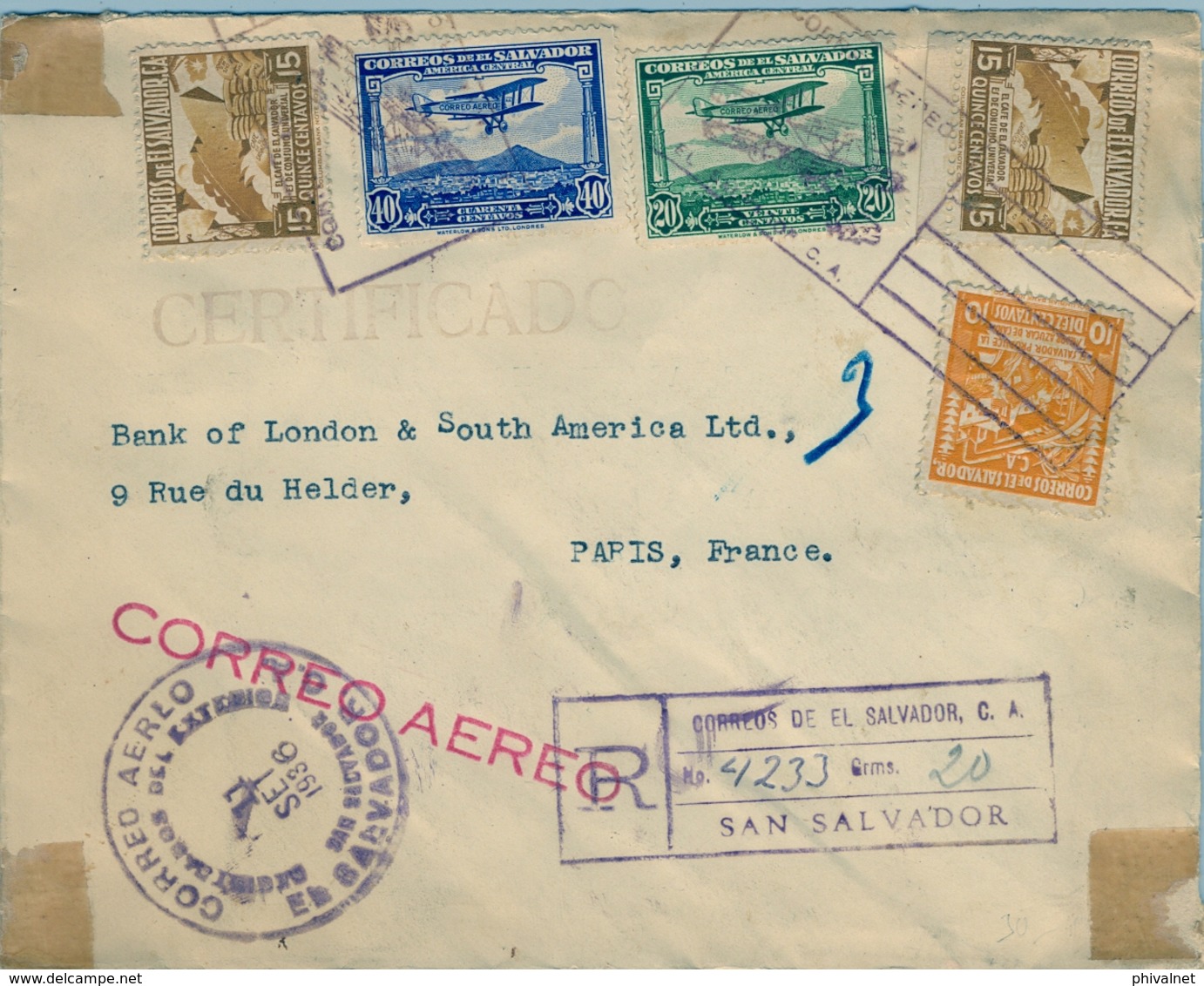 1936 , EL SALVADOR , MAGNÍFICO SOBRE CERTIFICADO A PARIS, THE ANGLO - SOUTH AMERICAN BANK LTD. , DIVERSAS MARCAS - El Salvador