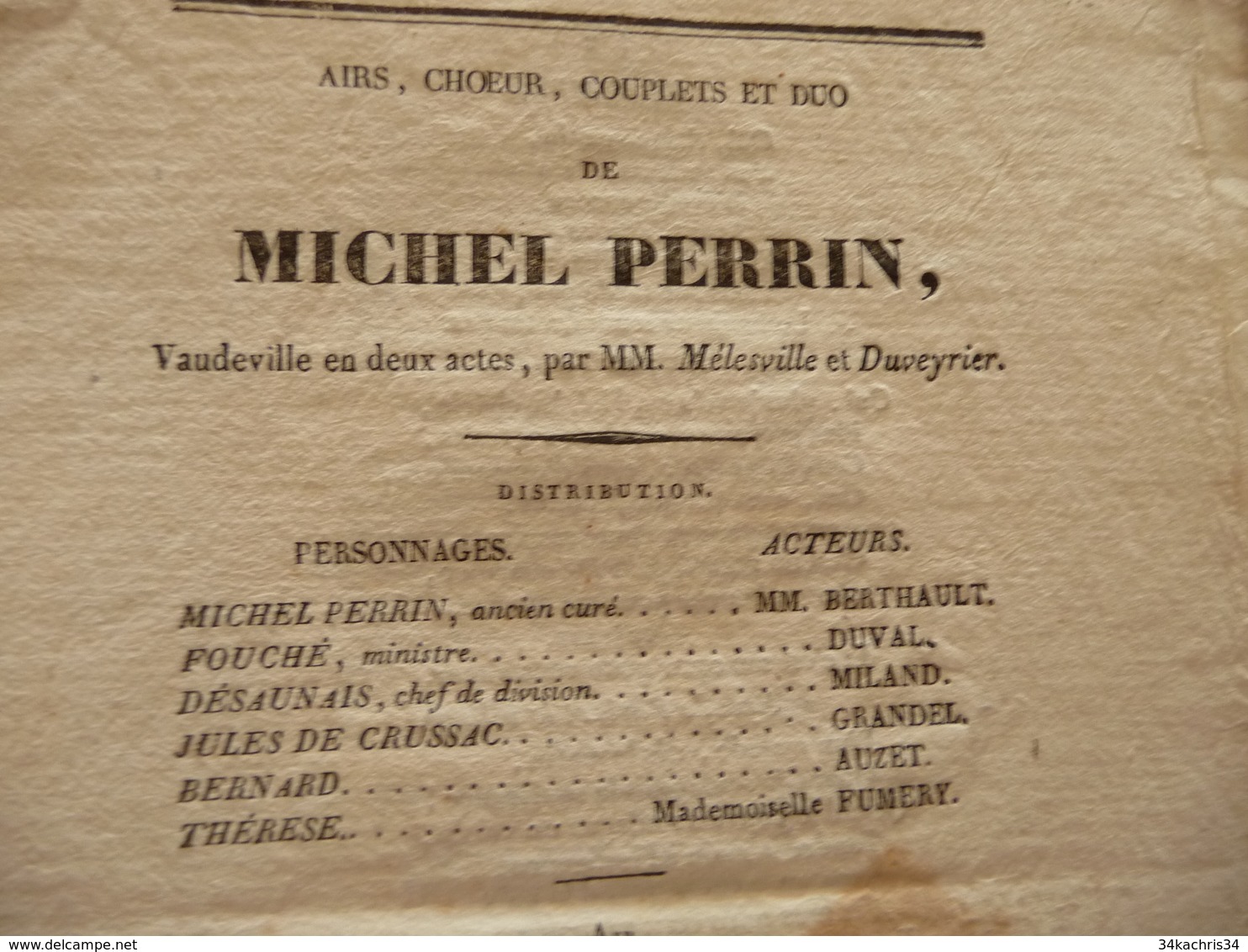 XIXème  Papier Chiffon  Paroles Airs Couplets Et Duo De Michel Perrin Vaudeville Mélesville Duveyrier  XIXème - Autres & Non Classés