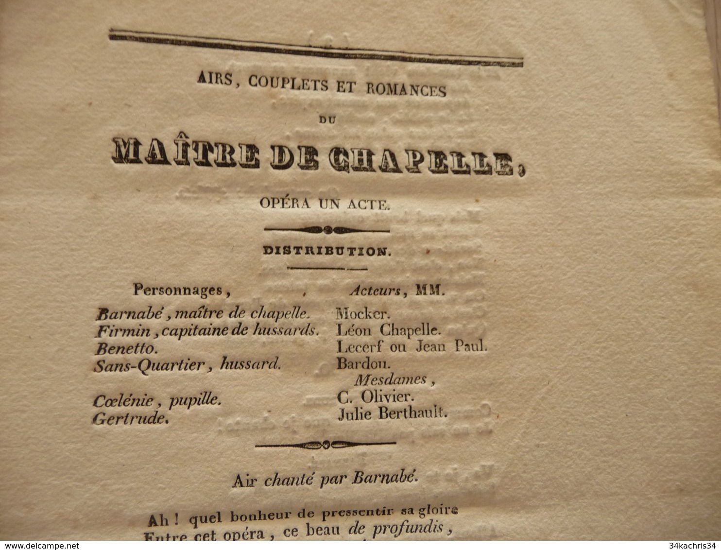 XIXème  Papier Chiffon  Paroles Airs Couplets Et Romances Maître De Chapelle Opéra   XIXème - Other & Unclassified