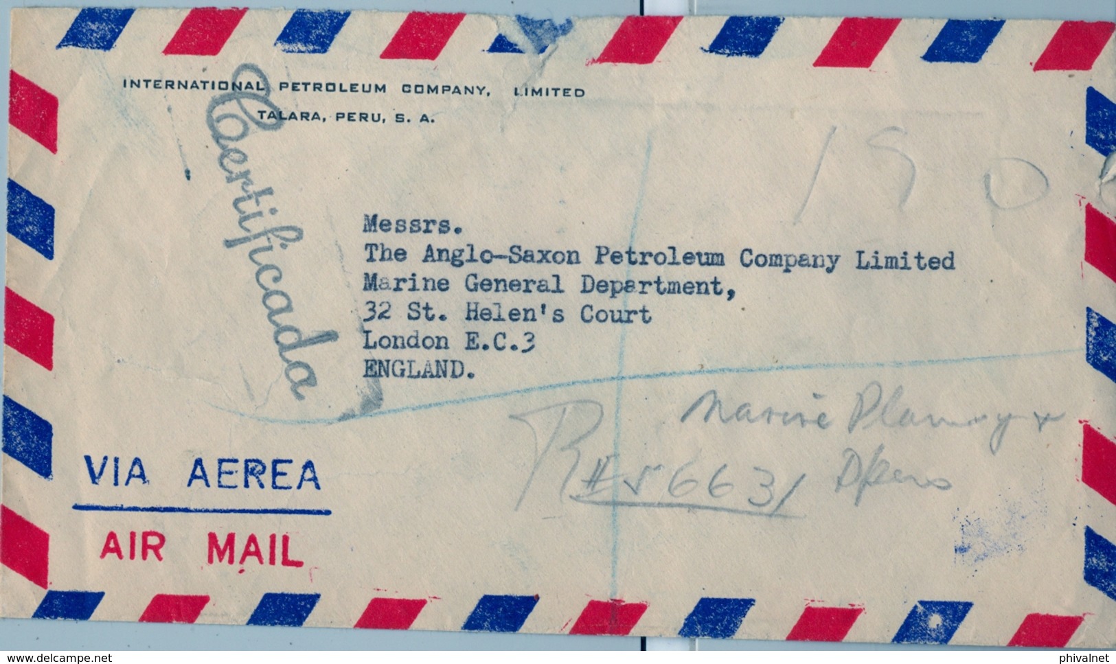 1950 , PERÚ , SOBRE CERTIFICADO , TALARA - LONDRES , TRÁNSITOS DE MIAMI , INT. PETROLEUM COMPANY - Peru