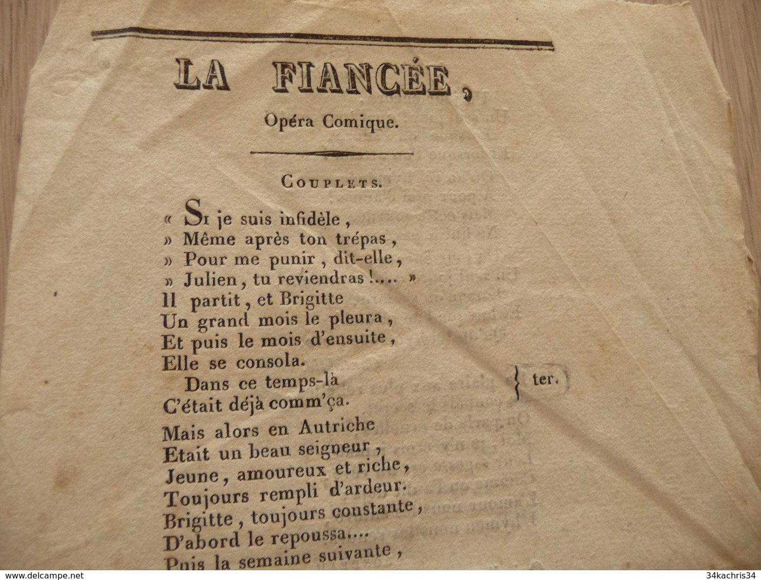 XIXème  Papier Chiffon  Paroles La Fiancée Opéra Comique   XIXème - Altri & Non Classificati