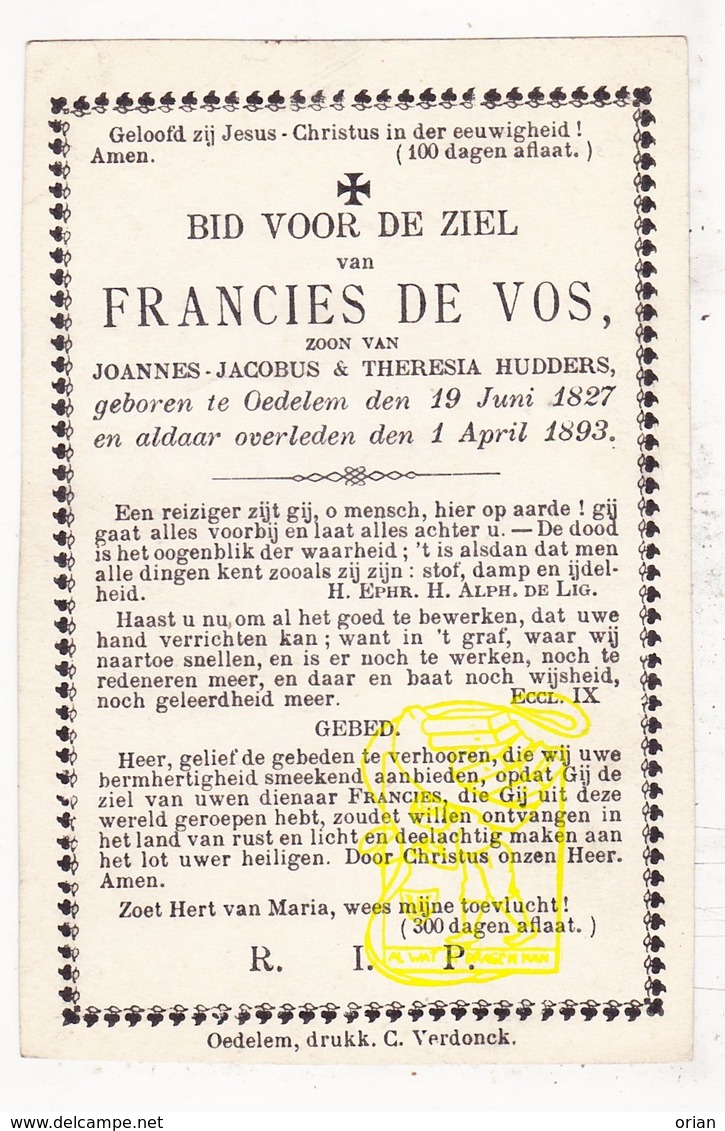 DP Francies De Vos Devos / Hudders ° Oedelem Beernem 1827 † 1893 - Images Religieuses