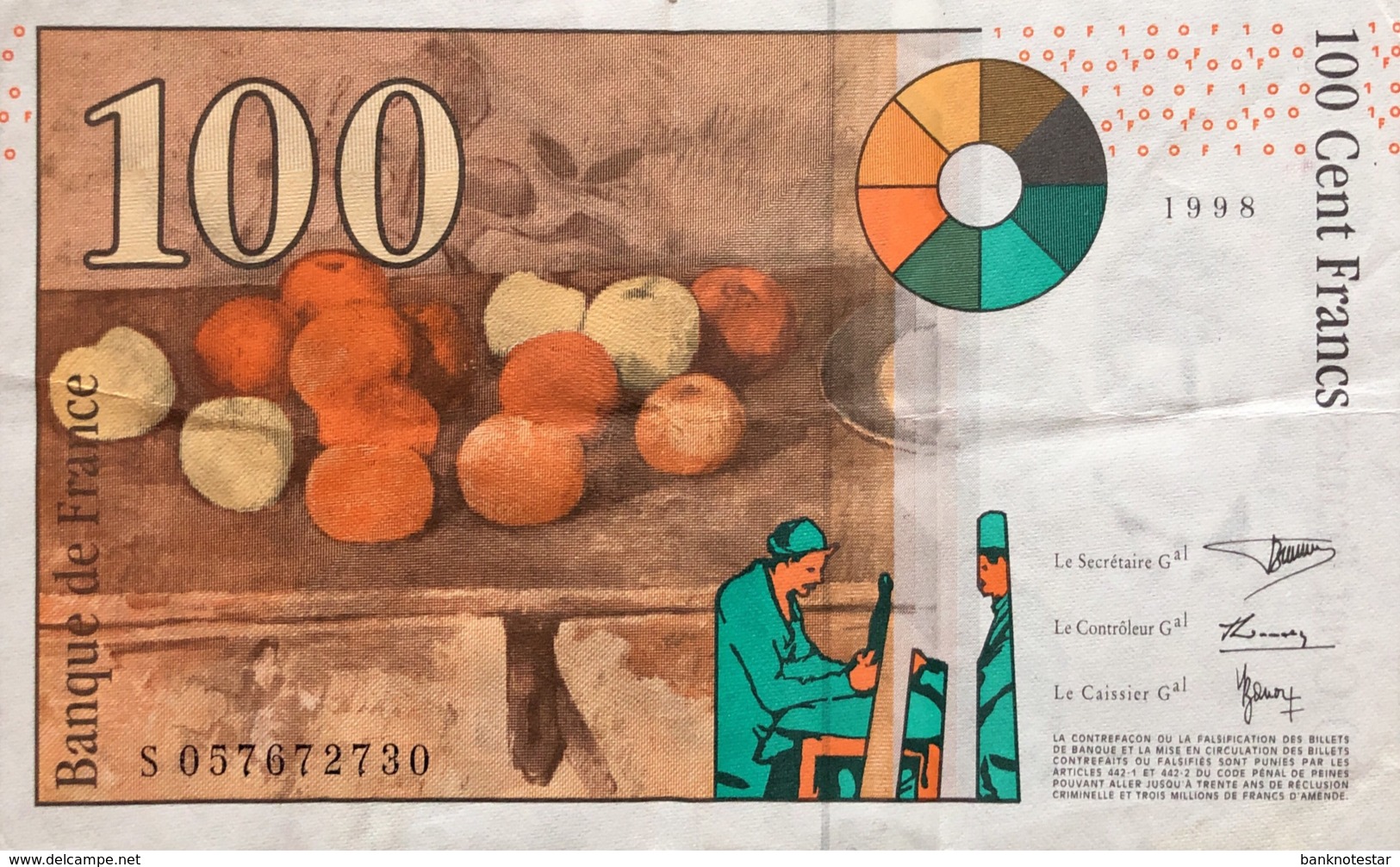 France 100 Francs, P-158 (1998) - Very Fine - 100 F 1997-1998 ''Cézanne''