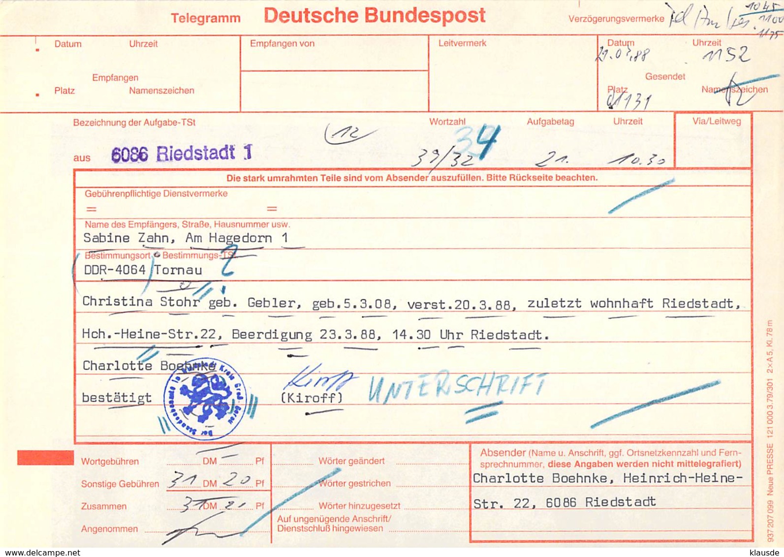 Telegramm Deutsche Bundespost 6086 Riedstadt-DDR 4064 Tornau 1988 - Other & Unclassified