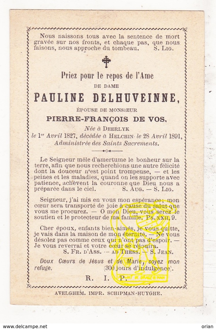 DP Pauline Delhuveinne Delhuvenne ° Deerlijk 1827 † Helkijn 1891 X Pierre F. De Vos Devos / Espierres-Helchin - Images Religieuses