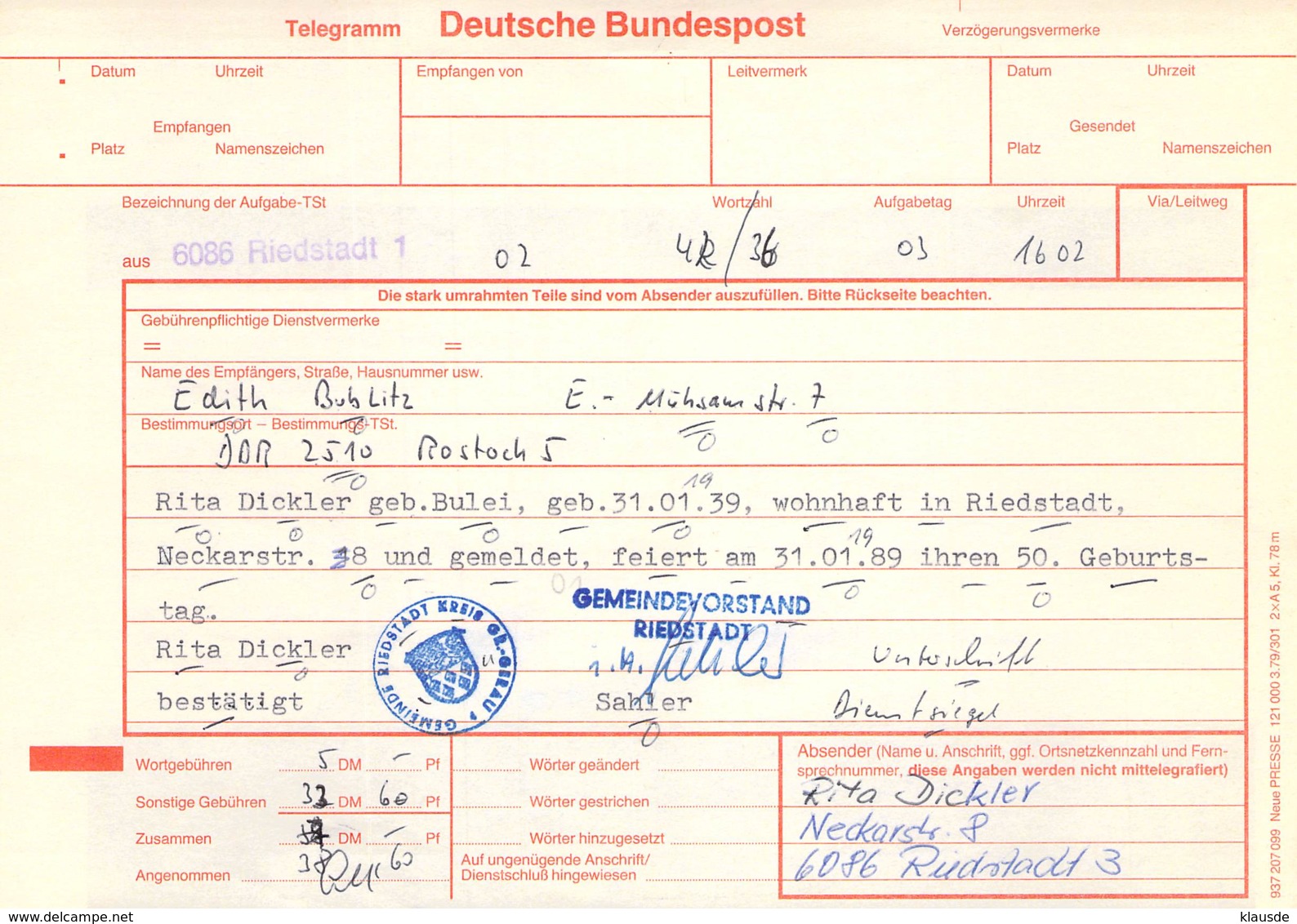 Telegramm Deutsche Bundespost 6086 Riedstadt-DDR 2510 Rostock 1989 - Sonstige & Ohne Zuordnung