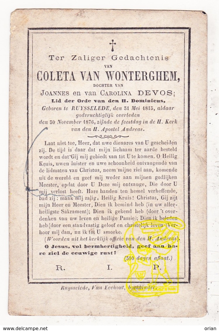 DP Coleta Van Wonterghem / Devos ° Ruiselede 1815 † 1876 - Images Religieuses