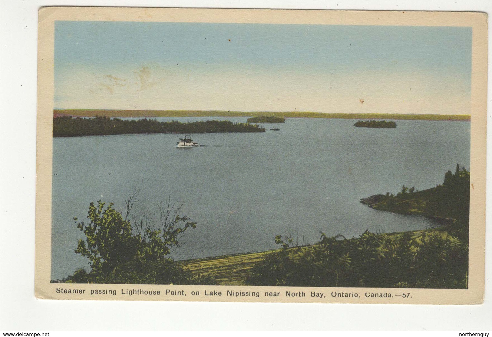 NORTH BAY, Ontario, Canada, Steamer Passing Lighthouse Point, Lake Nipissing, Old WB Postcard, Nipissing County - North Bay