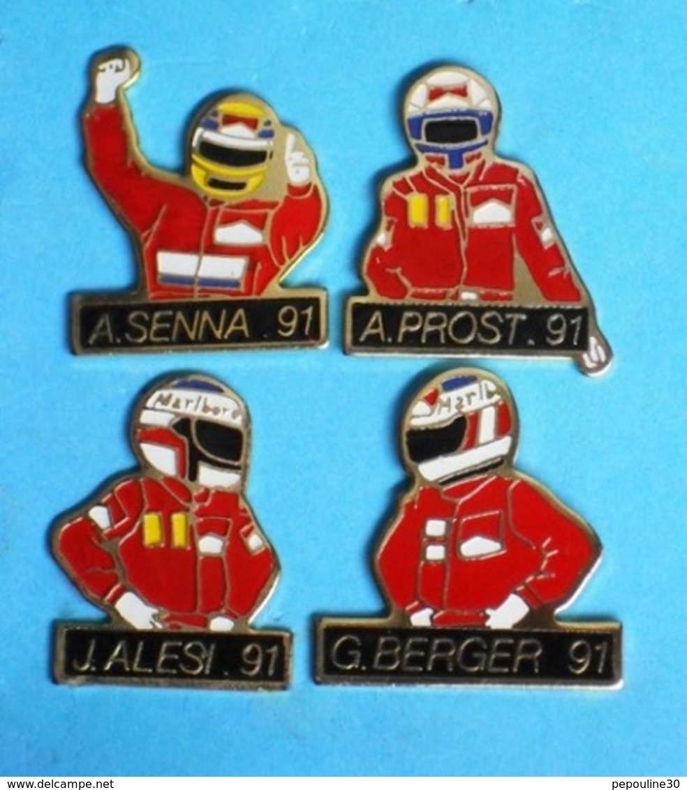 4 PIN'S  //  ** PILOTES // Alain PROST / Ayrton SENNA / Gerhard BERGER / Jean ALÉSI ** 1991 ** - Automobile - F1