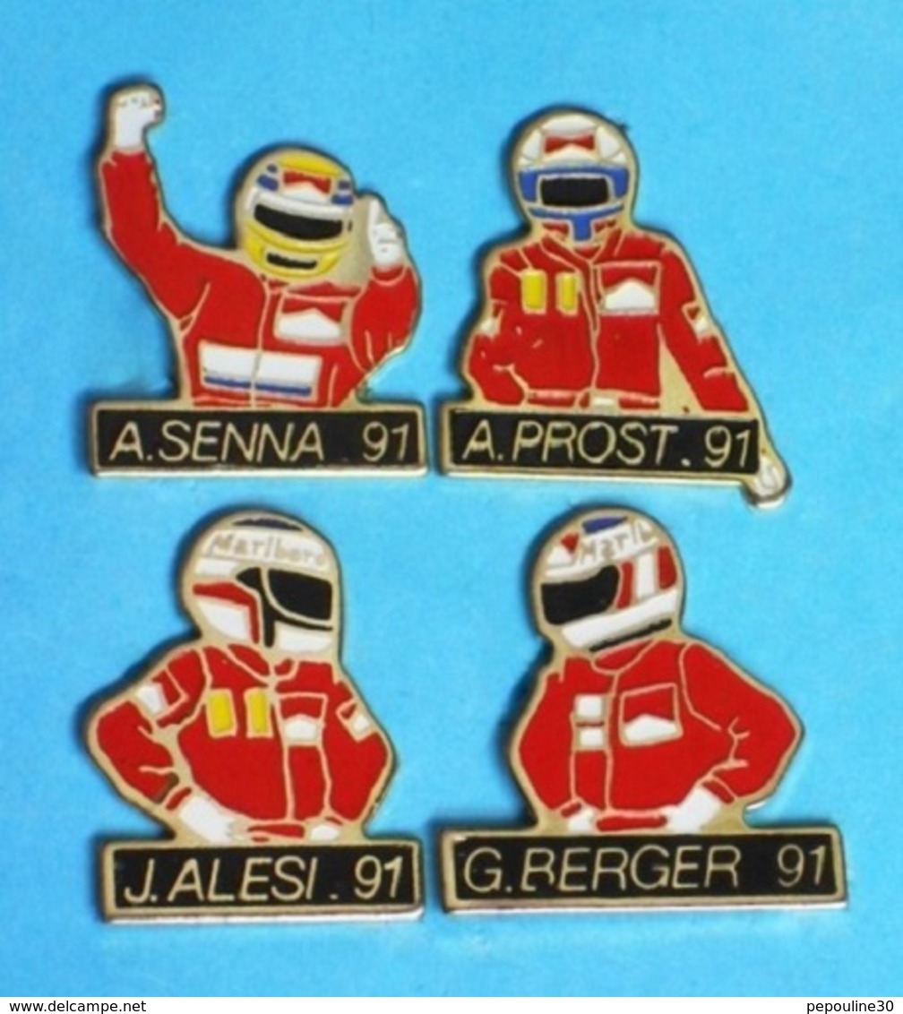 4 PIN'S  //  ** PILOTES // Alain PROST / Ayrton SENNA / Gerhard BERGER / Jean ALÉSI ** 1991 ** - Car Racing - F1
