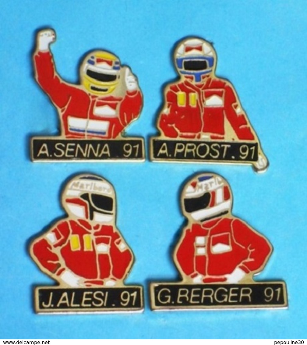 4 PIN'S  //  ** PILOTES // Alain PROST / Ayrton SENNA / Gerhard BERGER / Jean ALÉSI ** 1991 ** - Automobilismo - F1