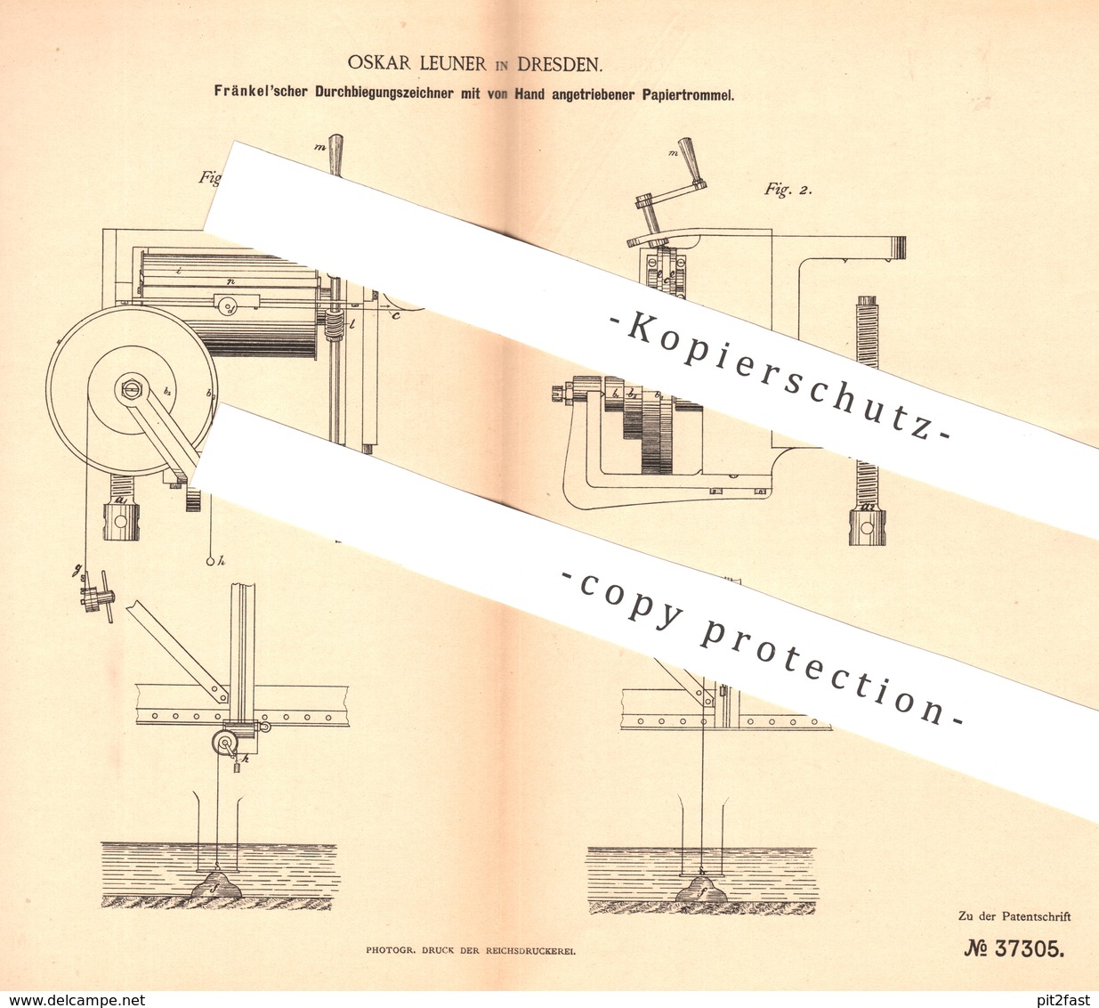 Original Patent - Oskar Leuner , Dresden , 1886 , Durchbiegungszeichner Von Fränkel | Papier , Walze , Papierfabrik !! - Historische Dokumente