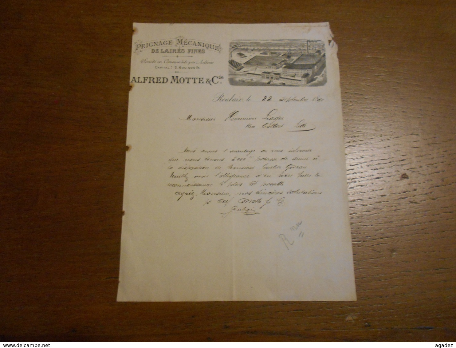 Lettre "Alfred Motte Et Cie" Peignage Mécanique De Laines Fines Textile  Roubaix 1891 - Lettres De Change
