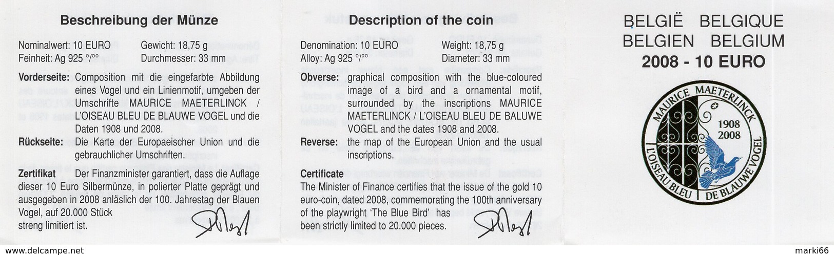 Belgium - 2008 - Blue Bird By Maurice Maeterlink - 10 EUR Fine Silver Proof Coin - Non Classés