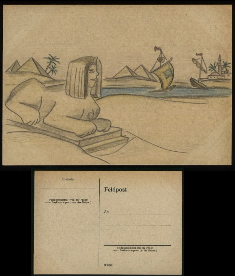3.Reich - DR Feldpost Postkarte Mit Bild , Handzeichnung, Sphinx : Ungebraucht. - Briefe U. Dokumente