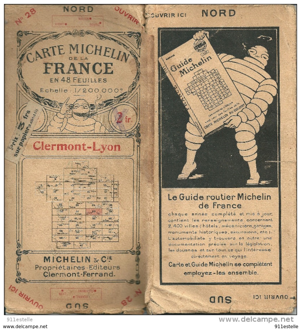 CARTE MICHELIN , N 28 ,   CLERMONT - LYON    De 1924 - Clermont Ferrand