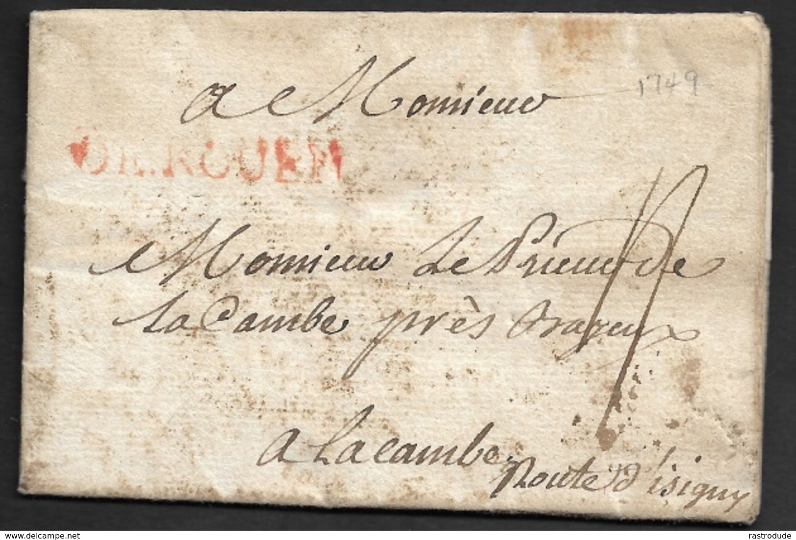 1749 - LAC - DE ROUEN En Rouge 40mm X 6mm Pour La CAMBE - Route D'Isigny - 1701-1800: Précurseurs XVIII