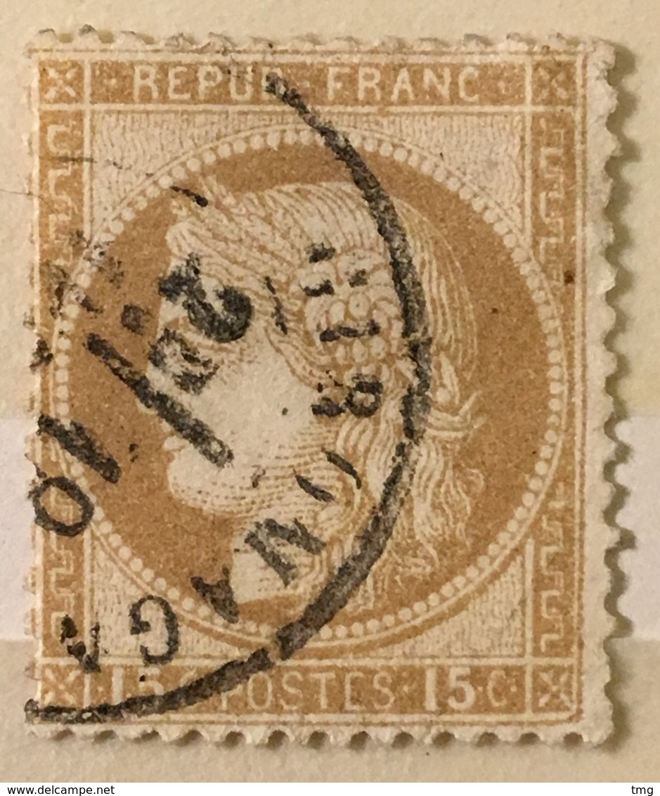 Timbre France III République 1871-75 (°) 15c Bistre Cérès Grands Chiffres YT 55 (côte 5 Euros) – 386e - 1871-1875 Cérès