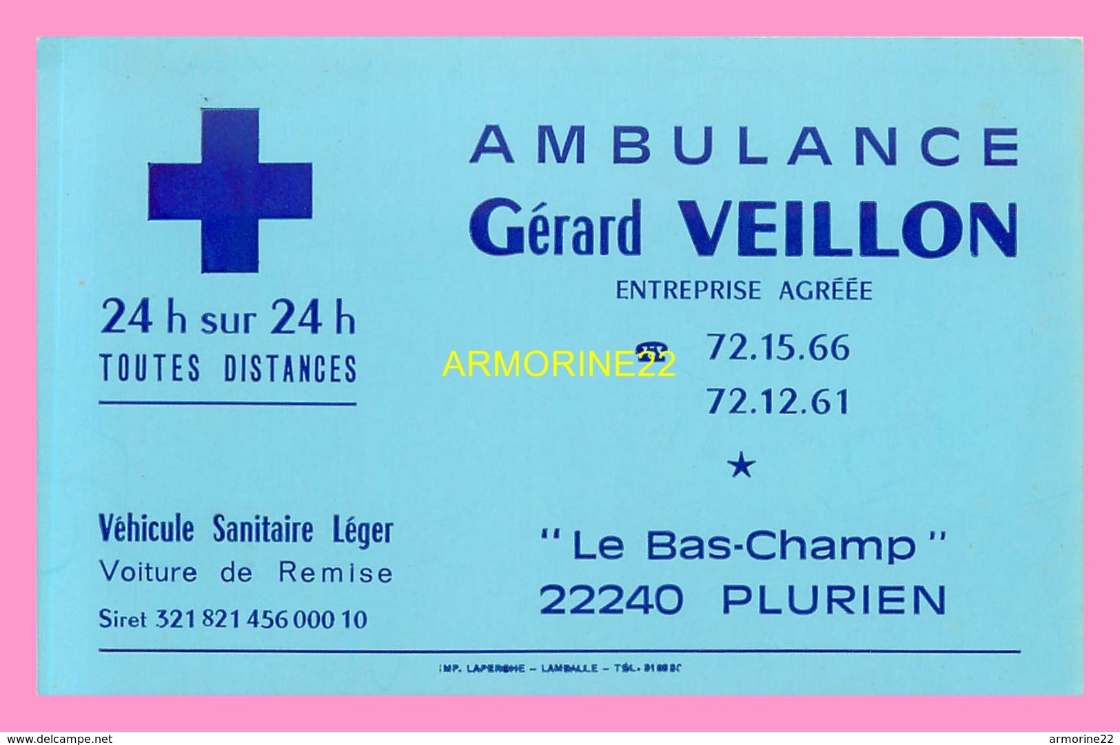 CARTE DE VISITE  Ambulance Gerard  VEILLON  à PLURIEN - Visiting Cards