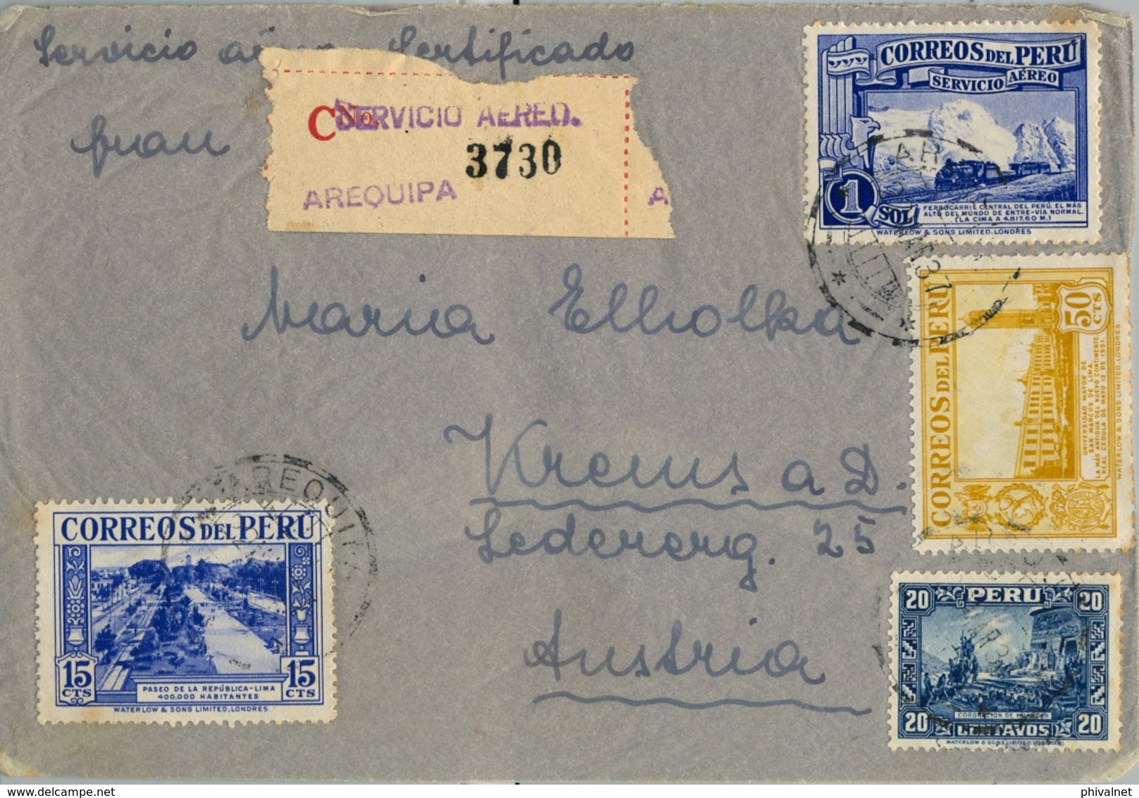 1937 , PERÚ , SOBRE CERTIFICADO , VIA AÉREA , AREQUIPA - AUSTRIA - Peru