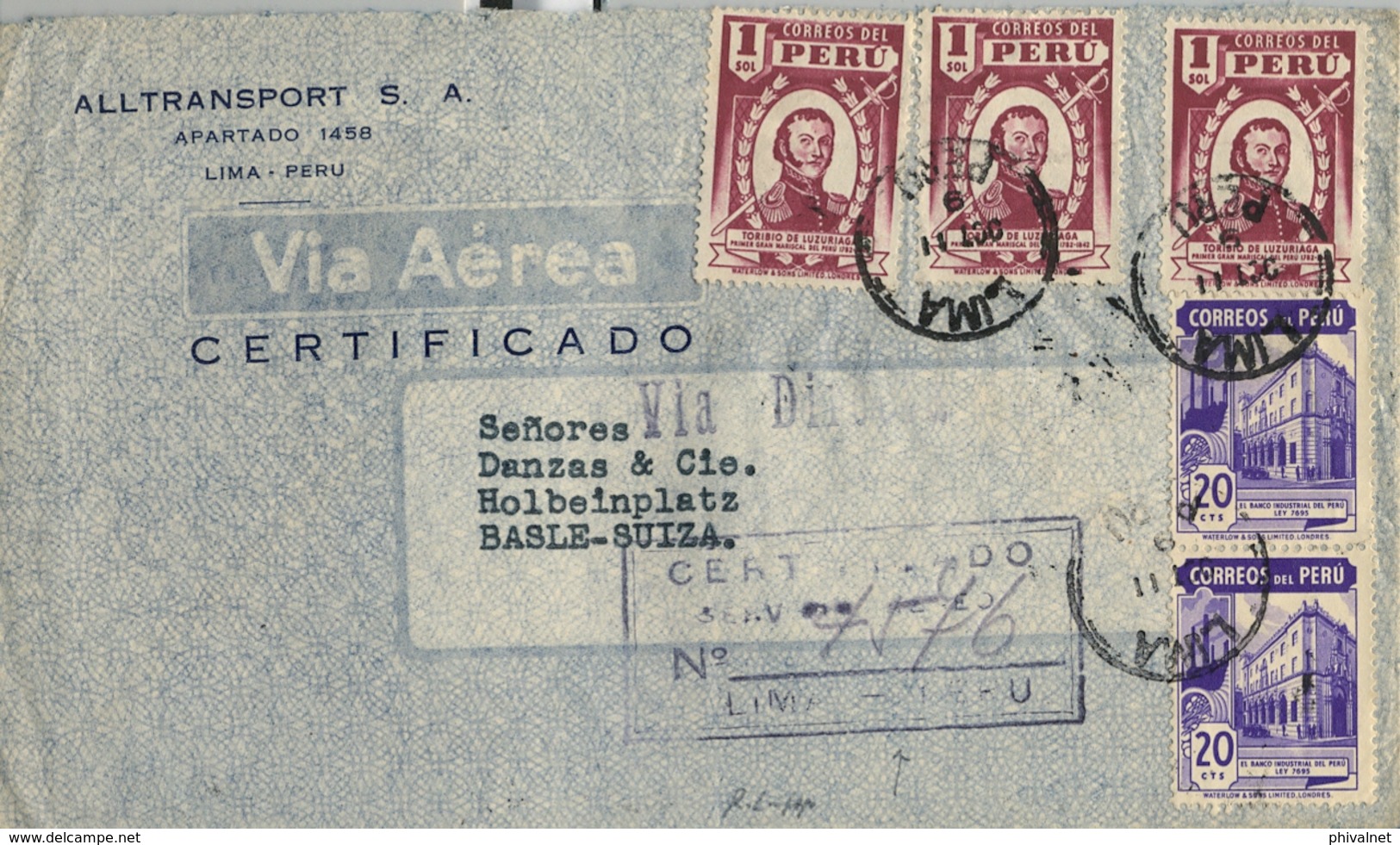 1949 , PERÚ , SOBRE CERTIFICADO POR VIA AÉREA , LIMA - BASILEA , LLEGADA AL DORSO - Peru