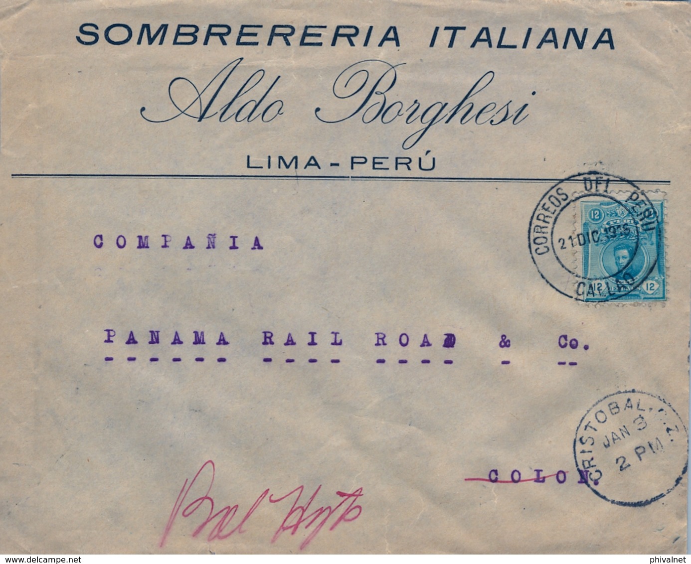 1916 , PERÚ , SOBRE CIRCULADO ENTRE LIMA ( CALLAO ) Y COLÓN ( PANAMA ) , TRÁNSITO , LLEGADA - CRISTOBAL - Perú